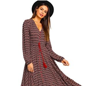 Button up Long Sleeve V Neck Flowy Dress